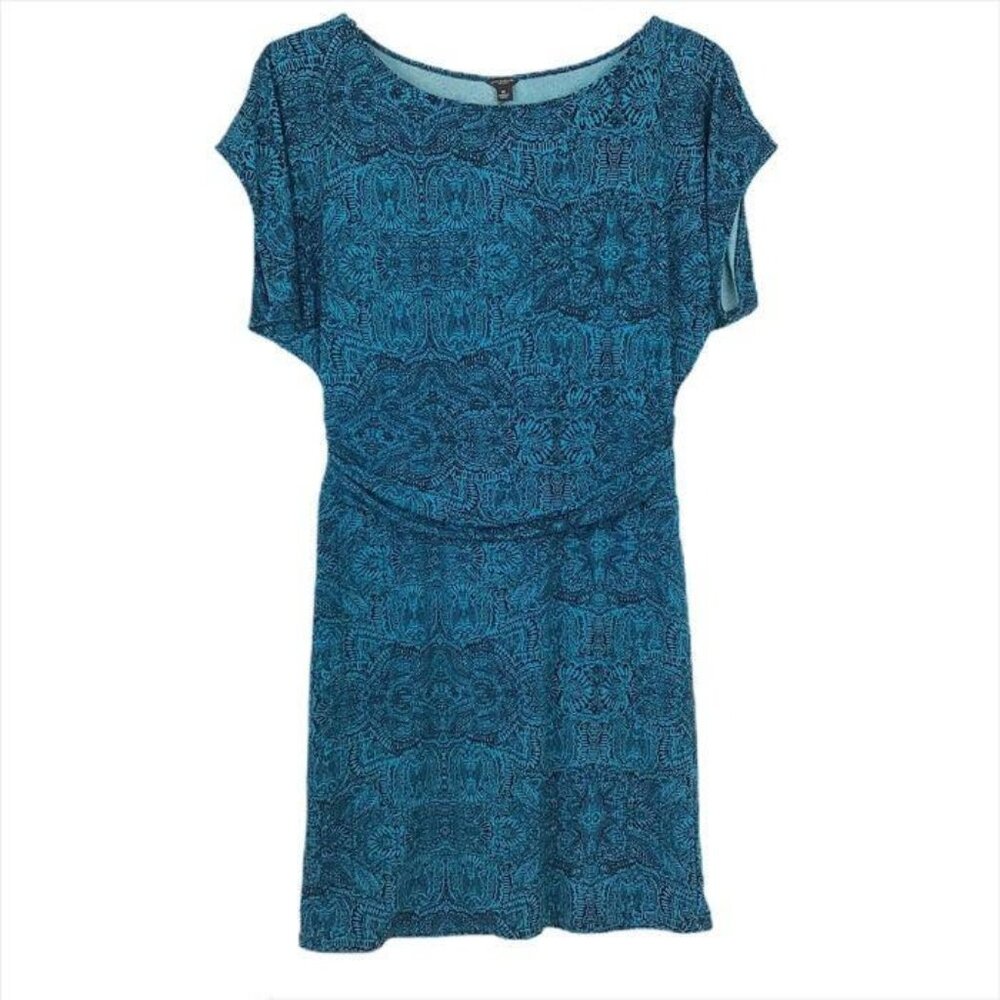 Ann Taylor M Blue Sheath Dress Abstract Print Dolman Sleeve Round Neck Stretch